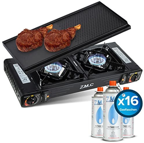 Z.M.C Premium Camping Gaskocher 2-flammig + Grillplatte + 16 Gaskartuschen 227g, Campingkocher mit Transportkoffer für Outdoor und Innenraum, Balkon Tisch Doppelgaskocher mit Piezozündung