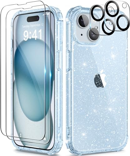 TIESZEN Compatible with iphone 15 Case Clear Glitter, with 2X Screen Protectors + 2X Camera Lens Protectors,【Non-Yellowing 】 Clear Sparkle Slim Shockproof Phone Cover for Women 6.1 Inch, Shiny Blue