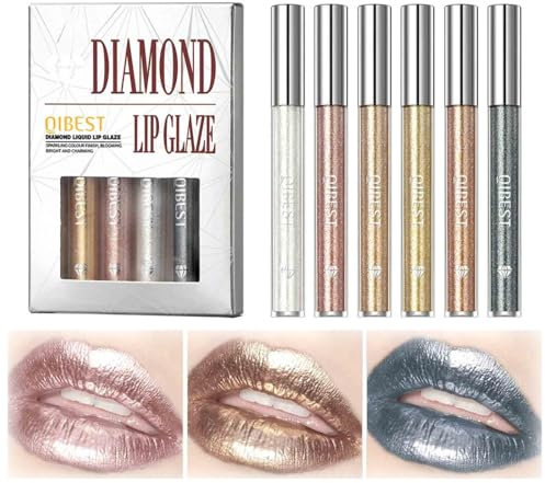 Pack of 6 Glitter Lip Gloss Silver Gold Lipgloss Set, Glitzer Lippenstift, Lippenstift 24 Stunden Halt des Make-Ups, Wasserfester, Veganer und Langlebiger Lippenstift