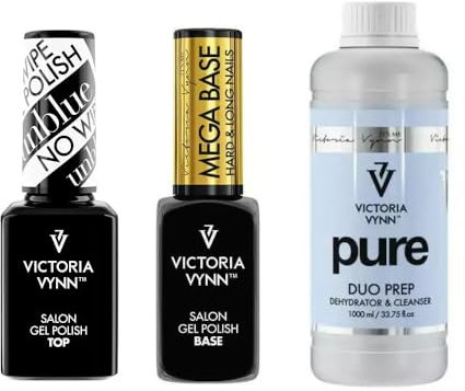 Victoria Vynn Bundle: Top Gel Polish Unblue No Wipe 15 ml, Mega Base Clear 8 ml & Pure Duo Prep 1000 ml - Perfect Manicure and Care