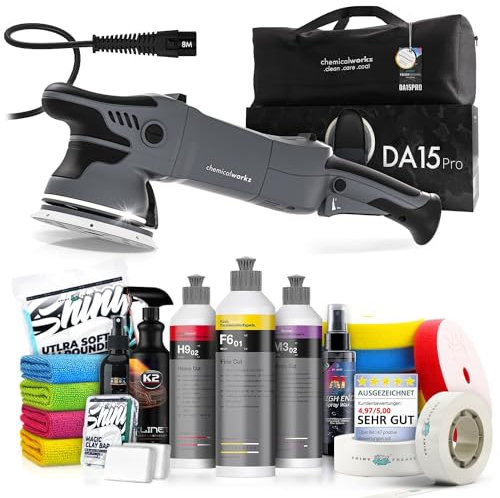Poliermaschinen Set: chemicalworkz DA15 Pro Exzenter Poliermaschine + Koch Chemie Politur Set + Royal Pads Premium Polierpads + Dr. Wack Versiegelung für Lack + Zubehör | 20-teilig