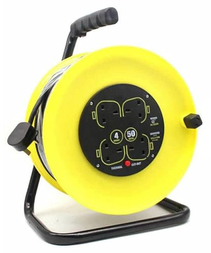 Outdoor 50 Metres Four Socket Open Cable Reel Extension Lead Garden Outdoor with Winding Handle 13A 4 Socket Thermal Out and Power Switch High Visibility Cable