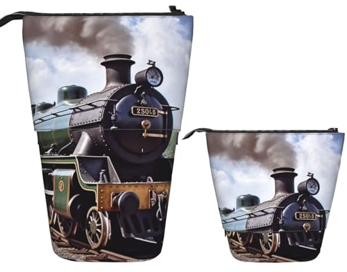 Teleskop-Federmäppchen Dampflokomotive Zug Druck Federmäppchen Stehend Federmäppchen für Büro Schreibwaren Fall Pop Up Bleistifthalter Einziehbare Bleistifttasche Bleistifttasche für Arbeit, Schwarz ,
