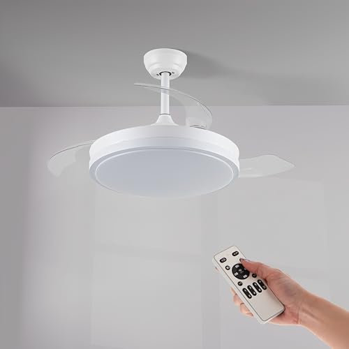 Ventilador con Luz 68W Ventilador Invisible Ultra Silencioso con Mando a Distancia y Palas Retráctiles Decoración Luz Fría/Neutra/Cálida Interiores Plafón lluminación (Blanco Liso)
