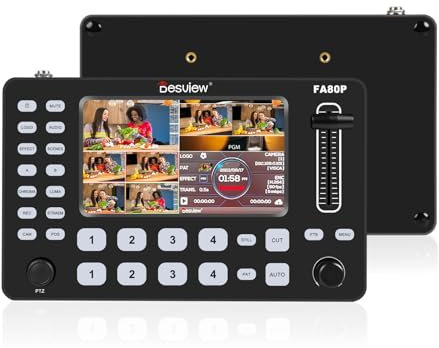 miscelatore video HUIOP FA80P Switcher mixer video multiformato con supporto schermo LCD da 5 pollici Trasferimento T-Bar Controllo telecamera PTZ 4 ingressi HDMI integrati + 2 uscite PGM HDMI + 1 usc