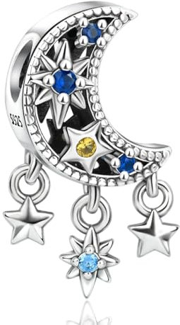 NUNUYAYA Charms Abaloriosde Cuentas Plata de Ley 925 con Circonita Cúbica Star and Moon Charms Colgante Compatible con Niña Mujer Europeo Pulsera Collar