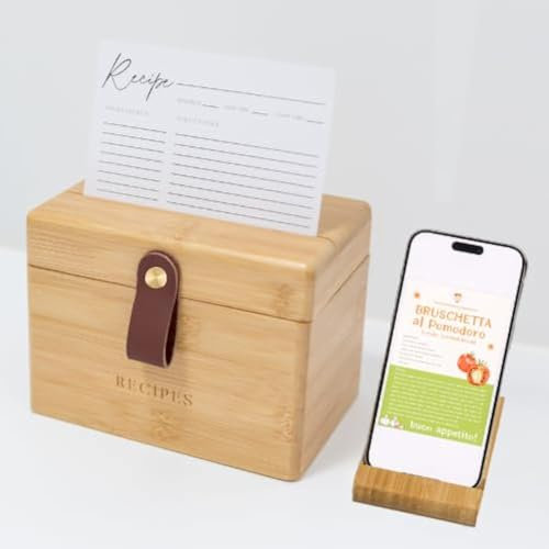 Moderne Rezeptbox aus Holz mit Trennwänden, Rezeptkarten und Box-Set mit Telefonständer, 50 geräumige Karten in personalisierter Rezeptbox, 10,2 x 15,2 cm, Rezepthalter mit 6 leeren Trennwänden
