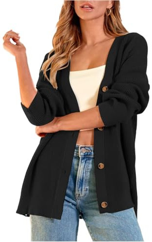Zeagoo Strickjacke Damen Lang Grobstrick Cardigan Vorne Offen Langarm Sweater Winter V-Ausschnitt Gerippt Strickmantel mit Knöpfen Baumwolle Lockere Top Schwarz M