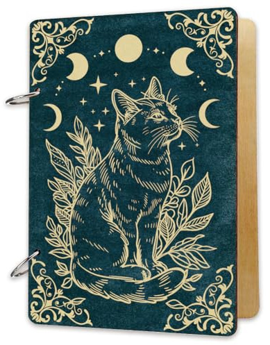 SUPERDANT Wooden Card Keeper Memory Book Cats Loose Leaf Binder Greeting Card Holder Postcard Organizer Book No Rings Wood Cover Moon Phase Magic Birthday Calendar Holder Organizer File Folder