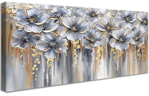 Mit Rahmen Leinwand Bilder Goldgraue Blumen Bild auf Leinwand Malerei Poster Kunstdrucke Abstrakt Floral Grün Blätter Bild Wandbilder Heim Restaurant Wohnzimmer Schlafzimmer Wanddekoration 50x120cm