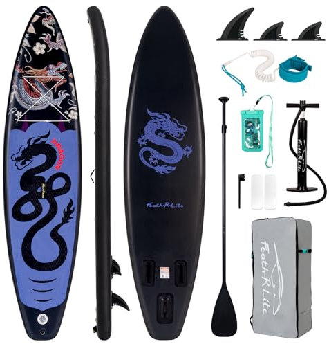 FEATH-R-LITE Stand Up Paddle Boards 11ft Inflatable Paddleboards for Youth&Adults with Accessories Including Adjustable Paddle, Backpack, Pump, Leash, Fins, Waterproof Bag (Black Dragon)