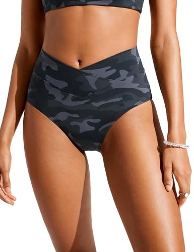 CRZ YOGA Damens V-Schnitt Bikini Unterteile Hohe Taille Kreuz Vorne Badeanzug Unterseite Vollständige Abdeckung Schwimmhose Dschungeltarnung Grau 42