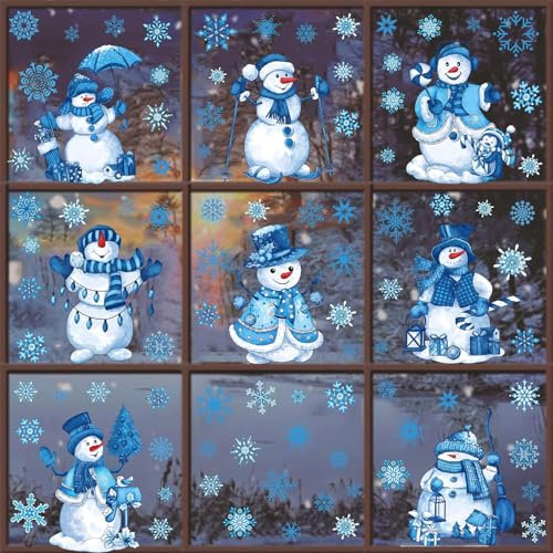 Fensterdeko Schneeflocken, Fensterbilder Weihnachten, Abnehmbare Fensterdeko Statisch Haftende PVC Aufkleber, für Türen Schaufenster PVC Fensterdeko (blau)