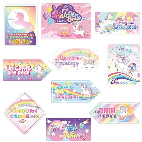 WERNNSAI Unicorn Decorations - 10 PCS Banner Poster Welcome Sign Photo Prop for Girls Birthday Party Supplies Colorful Rainbow Unicorn Backdrop Wall Indoor Decor