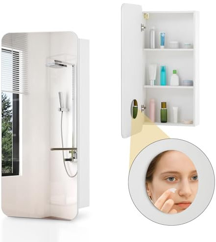 CLIPOP Badezimmerschrank mit 3-Fach vergrößerndem Kosmetikspiegel, Spiegelschrank mit Einzeltür, Badschrank, offenes Fach, Weiß, 90x45x14cm