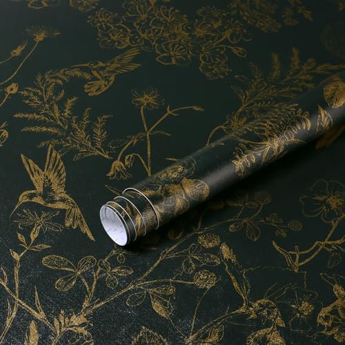 Yomshi Peel and Stick Green Gold Floral Leaf Pattern with Bird Vintage Design Wallpaper - Self-Adhesive Thickened Vinyl for Living Room and Bedroom