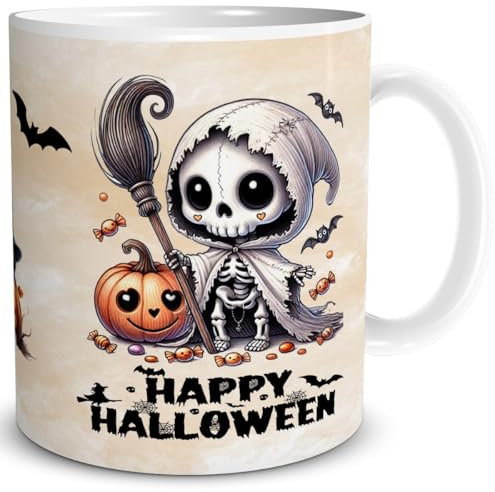 TRIOSK Tasse Halloween Spruch mit Geister Skelett Hexenbesen Party Deko Geschenk lustig für Frauen Freundin Kinder Gäste Halloweenfans, Keramik 300ml