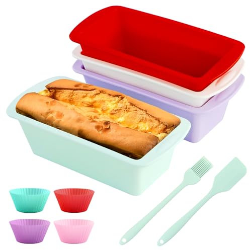 OT-NVWOZR 4PCS Silicone Loaf Tins & 4PCS Cupcake Cases, Non Stick Silicone Cake Tins with Spatula Brush Set, Rectangle Baking Mould Heat Resistant Mini Bread Tins for Oven Air Fryer
