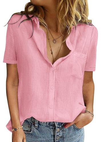 UMIPUBO Camicia Donna Estiva Camicetta Manica Corta Cotone da Donna Elegante Blusa Scollo V Casual Bottone Camicie Maglietta Versatile Top Tinta Unita Shirt Classico (Rosa, M)
