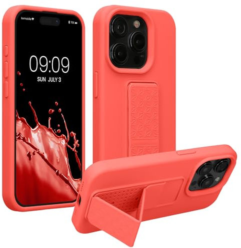 kwmobile Case Compatible with iPhone 15 Pro Max - Case with Hand Strap and Stand Soft TPU Silicone Coating - Coral