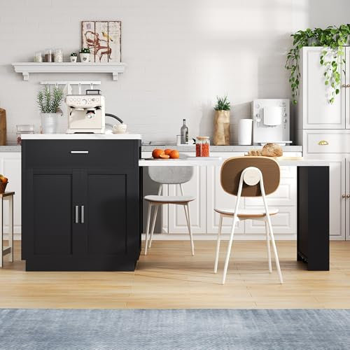 FAYICIC Isla de cocina con mesa de comedor extensible para 4-6 personas, mesa de cocina bicolor con enchufe, armario de almacenamiento, 2 cajones, 2 estantes abiertos a los lados