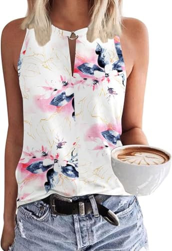 SENBATU Débardeur Femme Hauts sans Manche Chemisiers d'été décontractés à col en V À Fleurs Blanc Rose Bleu Moyen M 38-40