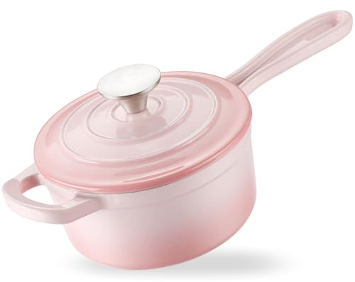Emaillierte Gusseisen-Saucenpfanne, emaillierter Milchsaucenofen, Mini-Dutch Oven mit Deckel, Stielkasserolle zum Kochen von Nudelsoße, Soße, Pudding, Marinieren, Kochen (Rosa)