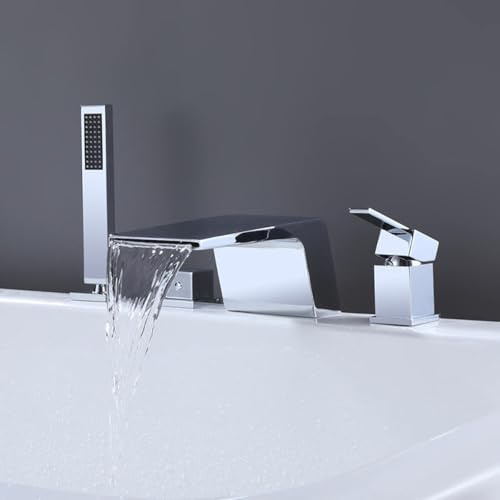 YCVAWEOD Wasserfall Badmixer Zapf mit Dusche 4 Löcher Deck Mount Bad Duschmischer Tap Doppelhebel, schwarz LWX