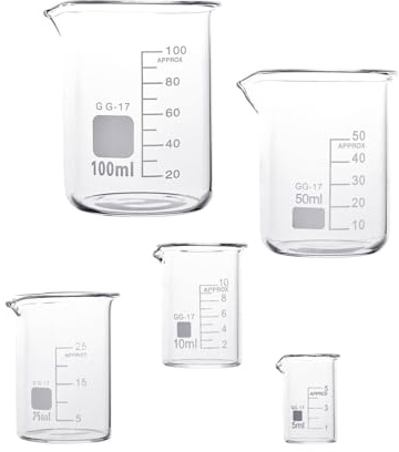 Set of 5 Measuring Cups Glass Cups Beakers 25 ml 50 ml 100 ml 250 ml 500 ml Graduated Measuring Cups Small Glass Beaker Glass Beaker Glass Borosilicate Glass Beakers for Laboratory Glass (5 ml - 100