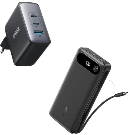Anker Power Bank (20000 mAh, 87W, Cavo USB C Integrato) & Anker Nano Caricatore (100W, 3 Porte)