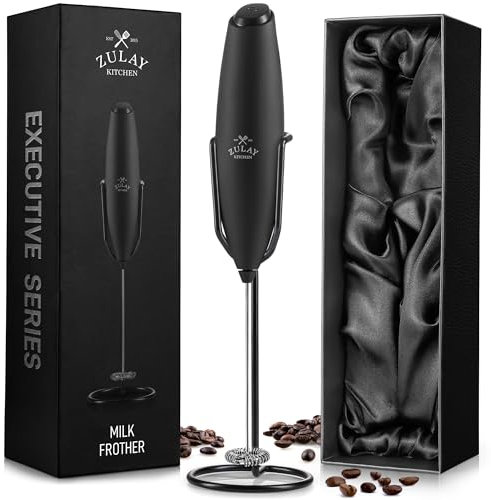 Zulay Original Espumador de leche de mano para lattes - Batidor de bebidas para café, mini espumador para capuchino, frappe, matcha, chocolate caliente por Milk Boss (Negro)