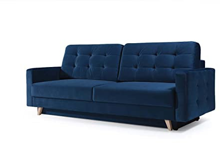 mb-moebel Schlafsofa Kippsofa Sofa Samt mit Schlaffunktion Klappsofa Bettfunktion mit Bettkasten Couchgarnitur Couch Sofagarnitur Schlafcouch 3 Sitzer Gästebett - 229x95x97 cm - Carla (Marineblau)