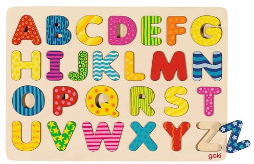 goki 57672 - Holzpuzzle Alphabet-Set, Lernspielzeug mit bunten Buchstaben-Teilen & Aufbewahrungsrahmen Förderung von Lese und Schreibfähigkeiten, 26er Set, ab 3 Jahren