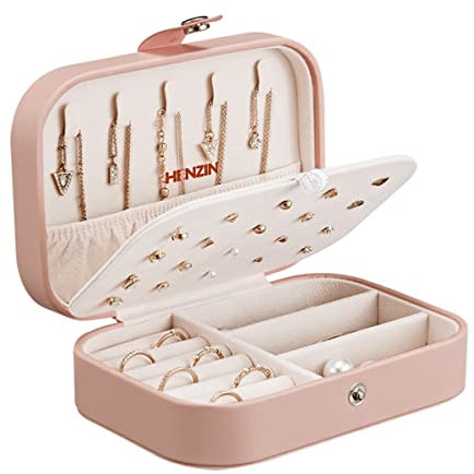 Henzin Schmuckkästchen Reise Schmuckkästchen Damen Klein PU-Leder Schmuckaufbewahrung Schmuckkoffer Klein Schmuckbox für Ringe,Ohrringe,Halskette,Geschenk -Rosa