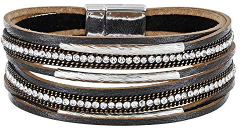 StarAppeal Armband Lederarmband mit Strass, Ketten und Schmuckelementen, Magnetverschluss Silber, Damen Armband (Schwarz)