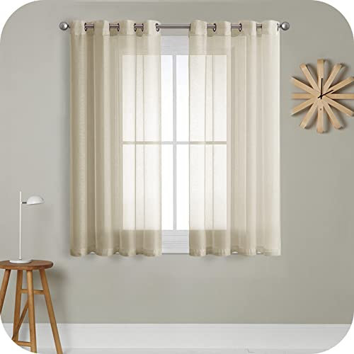 MRTREES Voile Gardinen Vorhang halbtransparent kurz mit Ösen in Leinenoptik Stores Gardinen Schals für Wohnzimmer Schlafzimmer Kinderzimmer Beige 145×140cm (H×B) 2er Set