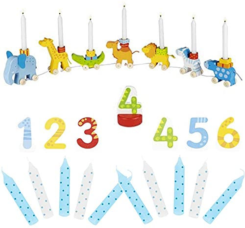 goki 2666 Geburtstagszug Zahlen 1-6 10er Set Kerzen blau Tiere Holz Geburtstagskarawane