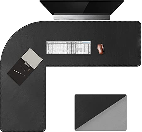 Chihein L-förmiger Schreibtisch PU-Leder Mauspad, Eckschreibtisch Schreibtischunterlage, Großer Doppelseitige Wasserdichte Bürotisch Unterlage (115+145) x40CM (Schwarz/Grau)
