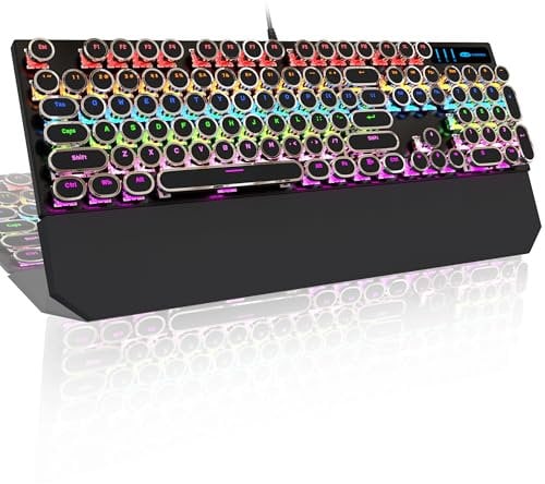Typewriter Mechanical Gaming Keyboard,Wired MageGee Retro Punk Round Keycap LED White Backlit USB Keyboards with Blue Switch for Game and Office, for Windows Laptop PC Mac(Black)