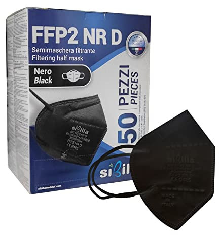 50 FFP2-Masken Schwarz NR D - Hergestellt in Italien || CE 0465-zertifiziert || 5-lagiger Schutz | einzeln verpackt, hohe Filtration und Komfort