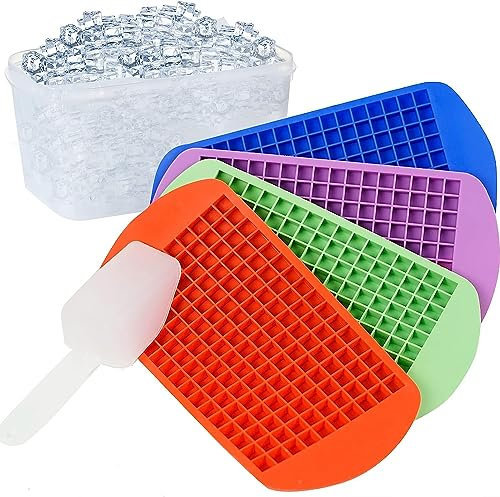 Mini Ice Cube Trays Silicone With Bin for Freezer, 4 Pack 640 Chewy Small Ice 6PCS Set, Tiny Crushed Ice Maker Molds for Chilling Coffee Juice Cocktail Whisky Boba, With Storage Box & Ice Scoop