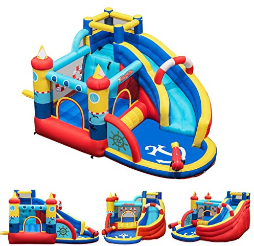 GOPLUS Aufblasbare Hüpfburg mit Rutsche, Pool, Trampolin, Kletterbereich, Wasserpistolen, Tragetasche, Kinder Hüpfburg mit Schutznetz, Geeignet für Kinder im Alter von 3-12 (Bunt, ohne Gebläse)