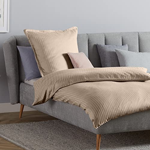 Como Bettwäsche Damast Baumwolle 135 x 200 cm, Reißverschluss, Zertifiziert | in Taupe 2-teilig mit Kissenbezug 80x80, Bettwäsche-Set gestreift & glänzend, Bettbezug im 2er-Set mit Saumen