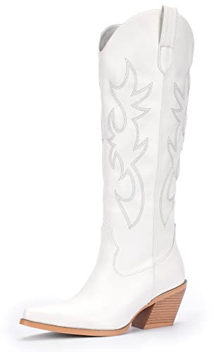 Pasuot Stivali da cowboy da donna con strass, stivali da cowgirl alti al polpaccio con cerniera laterale e ricamo glitterato scintillante, tacco medio a mandorla, stile retrò, alla moda, alti, da