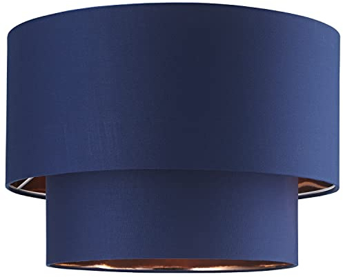 Modern and Trendy Navy Midnight Blue Cotton Fabric Double Tier Design Ceiling Pendant Lamp Shade with Shiny Copper Inner | 28cm x 40cm by Happy Homewares
