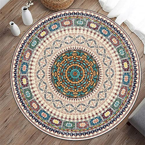 Highdi Tapis Rond Salon, Moderne Boho Mandala Imprimé Tapis de Sol Décoration Antidérapant pour Salon Chambre Cuisine Balcon Terrasse Salle à Manger Intérieur & Extérieur (100cm,Mandala)