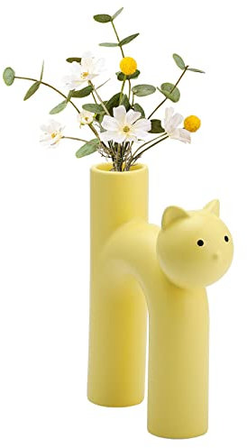 BestAlice Süße Katze Keramik Vase, Handgemachte Blumenvase für Dekor, Einzigartige Röhre Form Vasen U Getrocknete Blume, Kunst Handwerk Mittelstück, 18x21cm/7x8inch, Gelb