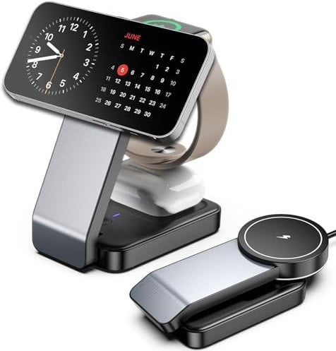 Magnetic Wireless Charger, Foldable Travel Mag Safe Charger Stand for iPhone 16 15 Pro Max, Apple Charging Station for iWatch 10 9 SE, for AirPods