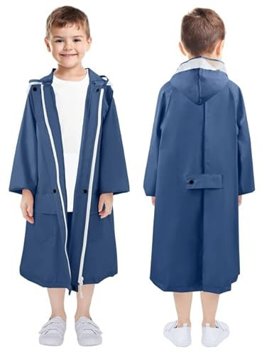 LAMA Manteau de pluie pour enfants, poncho de pluie, veste de pluie légère pour enfants, vêtements de pluie réutilisables avec capuche et housse de sac à dos,imperméable pour vélo, Bleu Marine L