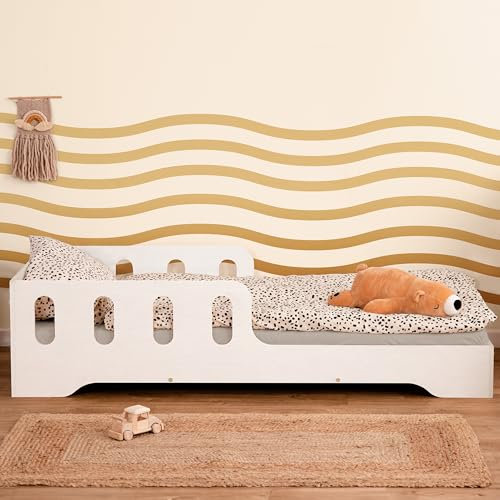 smartwood TILA 6 Kinderbett 80x200 | Montessori Bodenbett mit Lattenrost & Rausfallschutz | Für Jungen & Mädchen | Weiß | Sicheres und Robustes Holzbett für Kinder ab 3 Jahren
